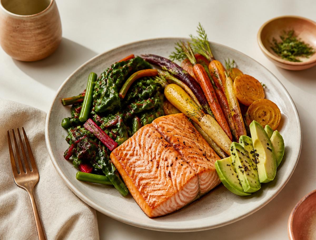 Nourishing gut-supportive meals A beautifully plated nourishing meal with wild salmon, roasted rainbow vegetables, sautéed greens, and avocado.