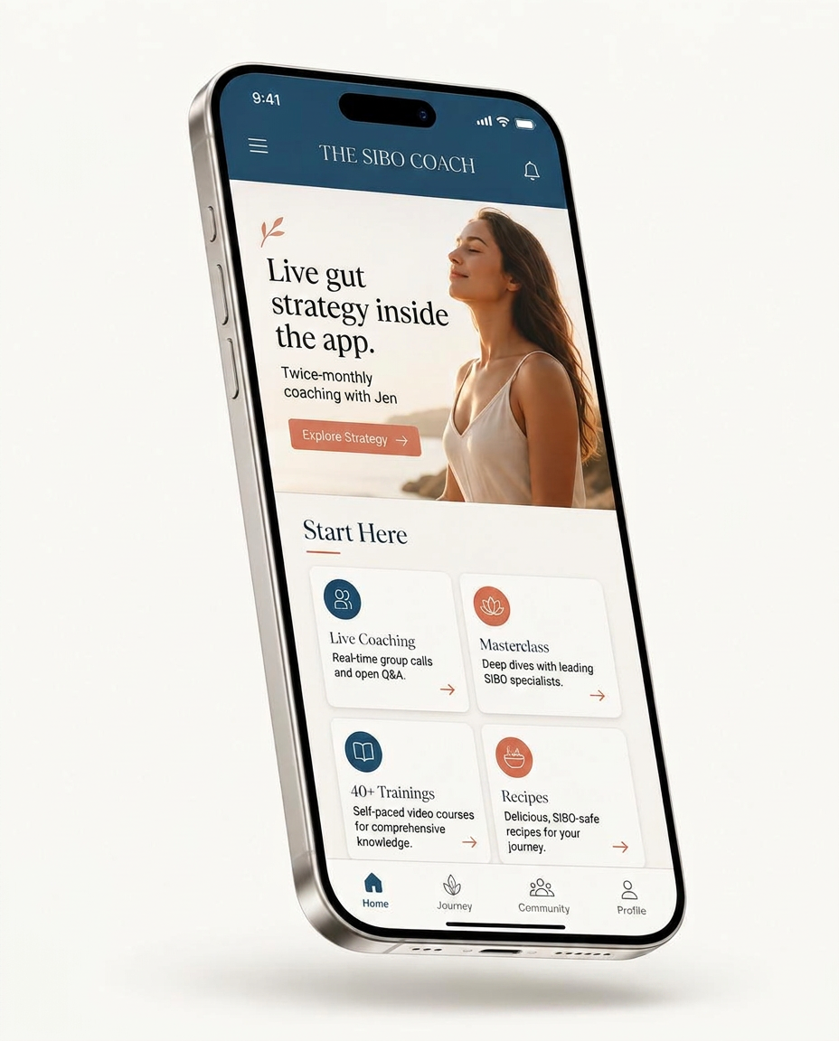 The SIBO Coach App The SIBO Coach App on mobile featuring live coaching, masterclass, 40+ trainings, and recipes for women with SIBO, IBS, bloating, and gut-brain patterns.